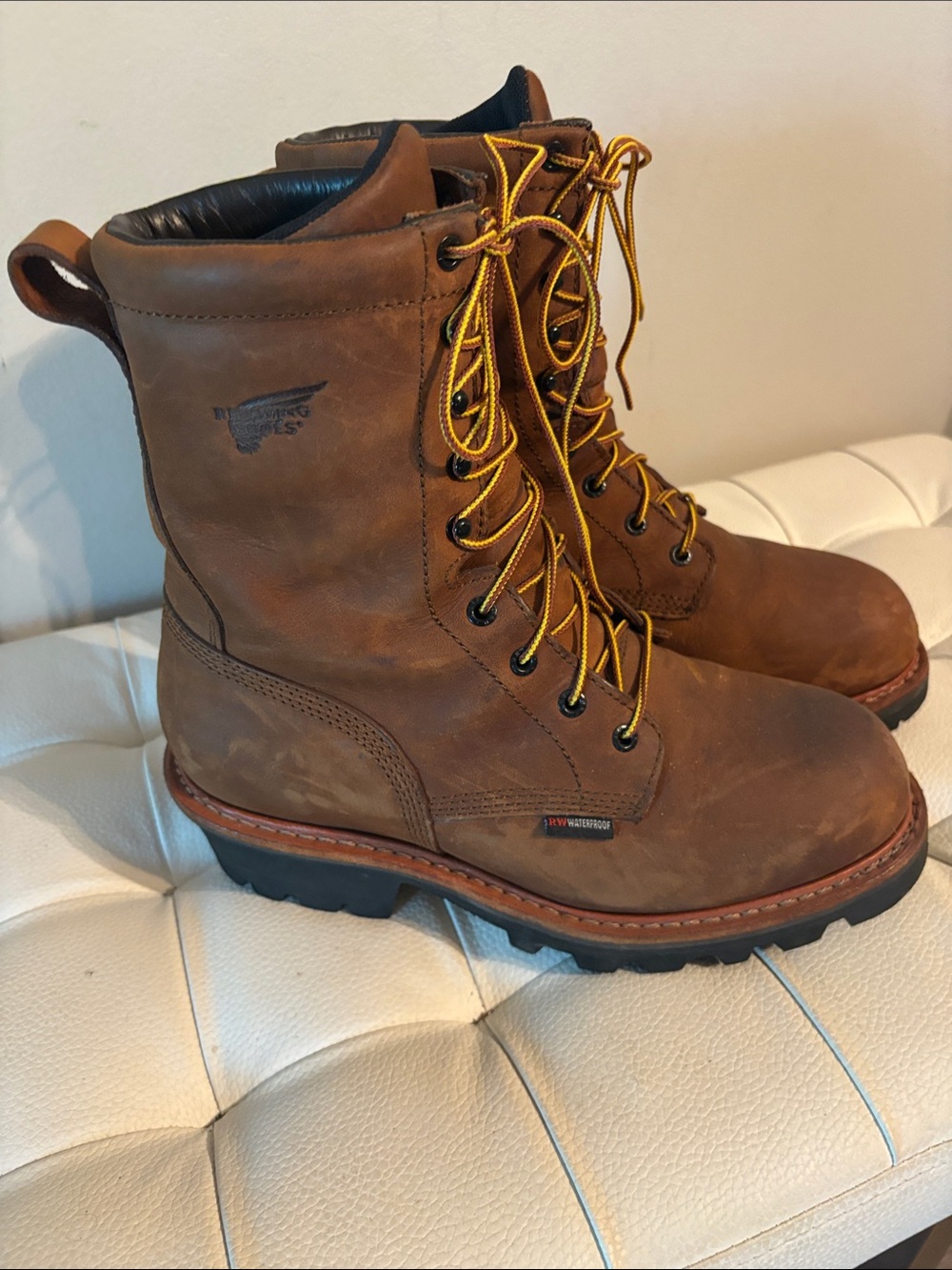 Wolverine Brown Leather Work Boots with Yellow Laces